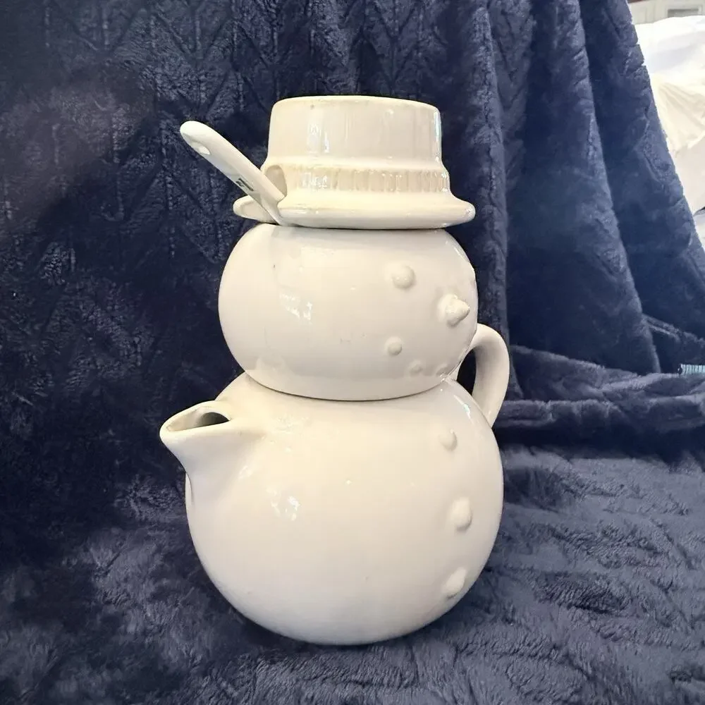 Pottery Barn Snowman Tea Set With Spoon Stackable VINTAGE. Winter